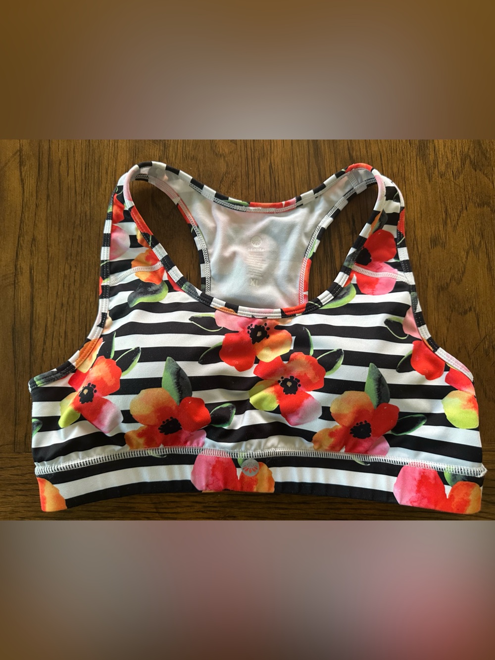 Senita Athletics Black & White Stripe Sports Bra with Red Orange Floral Print